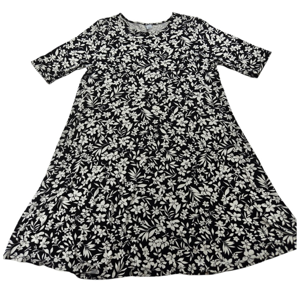 Old Navy Womens Large Black White Floral Rayon Swing Dress Elbow Sleeve